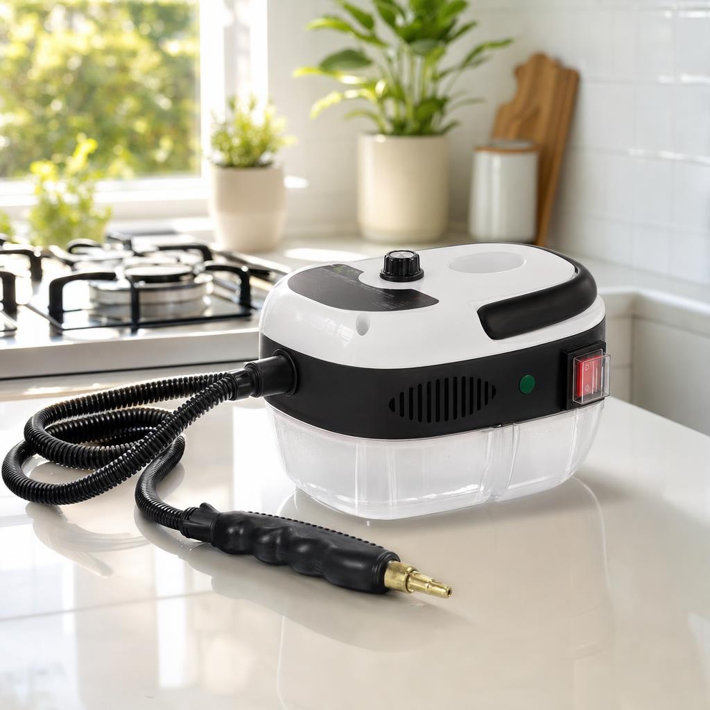 Limpiador a vapor sobre la cubierta de una cocina