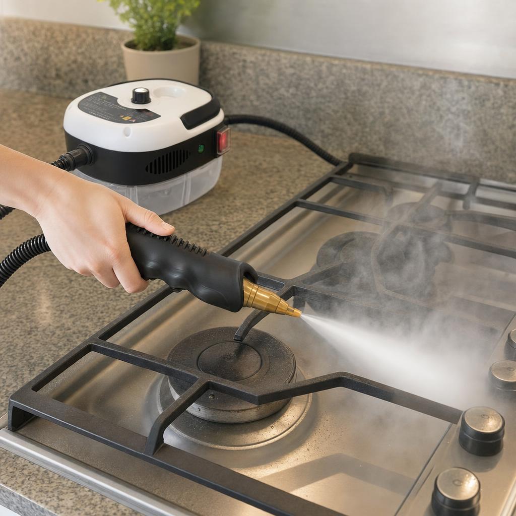 Limpiando con vapor la parrilla de una cocina a gas