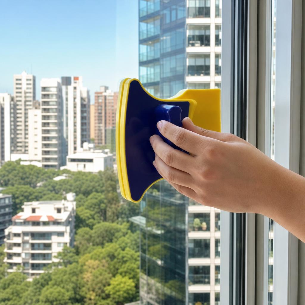 Limpiando una ventana con el limpiador magnético